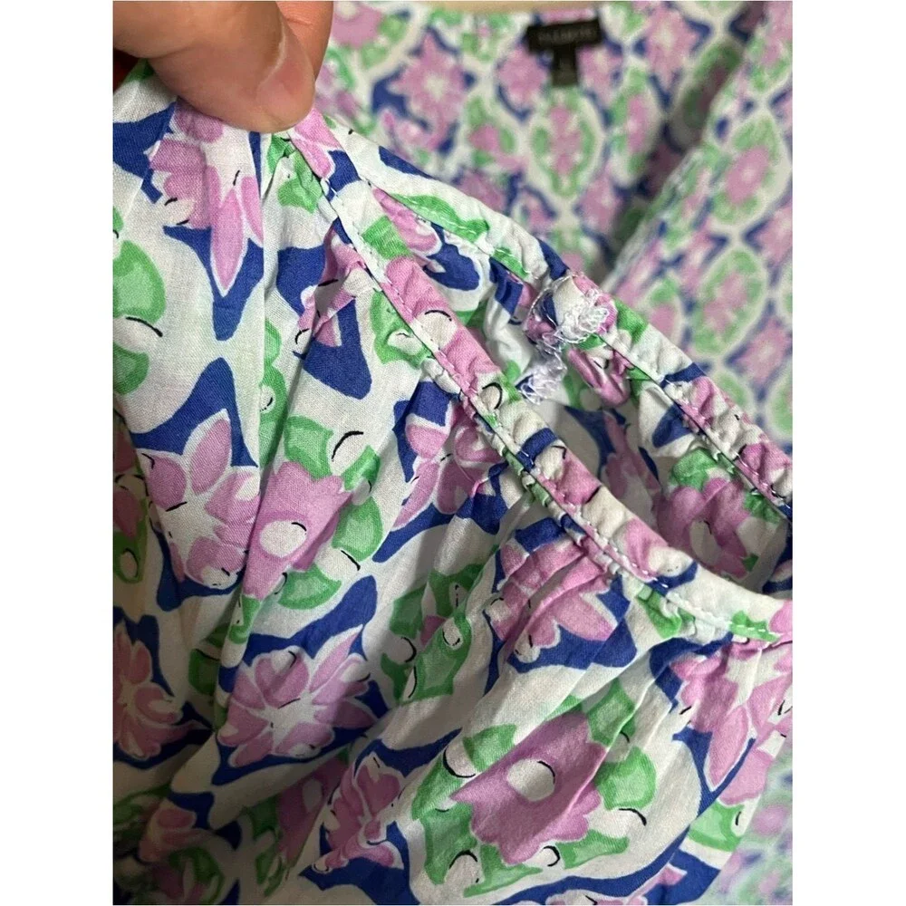 Talbots Cotton Purple/Green Floral Split Neck Pin-Tuck Top Shirt Blouse Size L